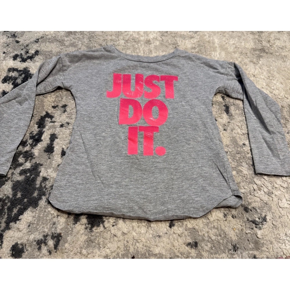 Nike Girls Long Sleeve Crew Neck Just Do It T-Shirt Grey Pink Logo Size M 6